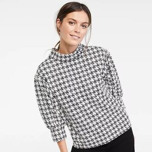 Ann Taylor Houndstooth Mock Neck Puff Sleeve Top